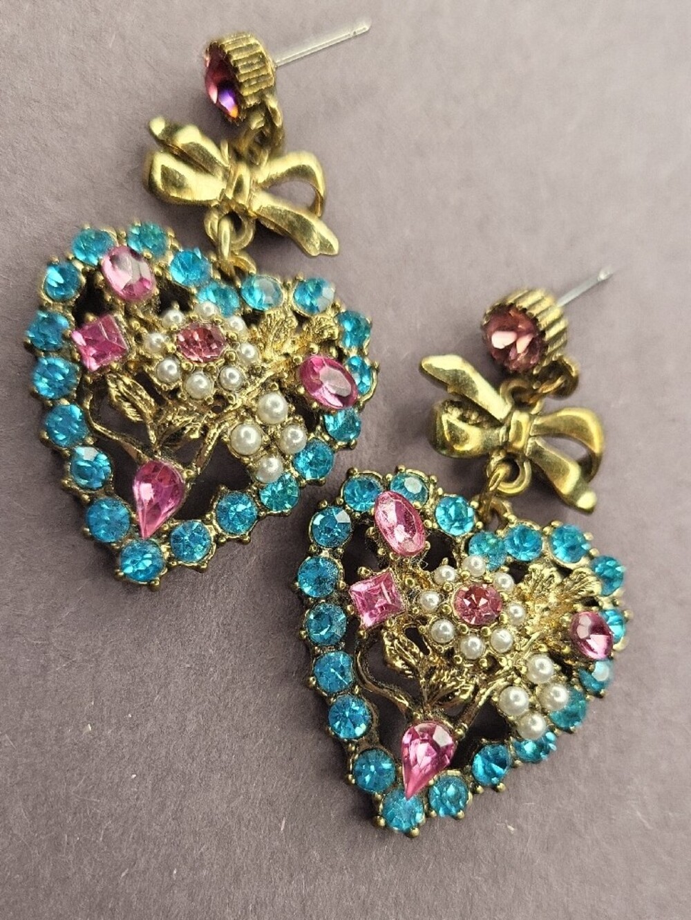 Betsey Johnson Gold-Tone Heart Drop Earrings with Pink & Turquoise Stones